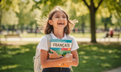 Fille tenant un manuel de français, sur les propositions