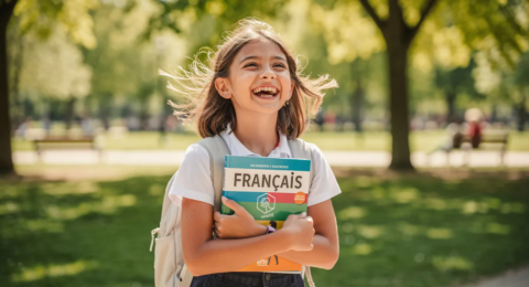 Fille tenant un manuel de français, sur les propositions