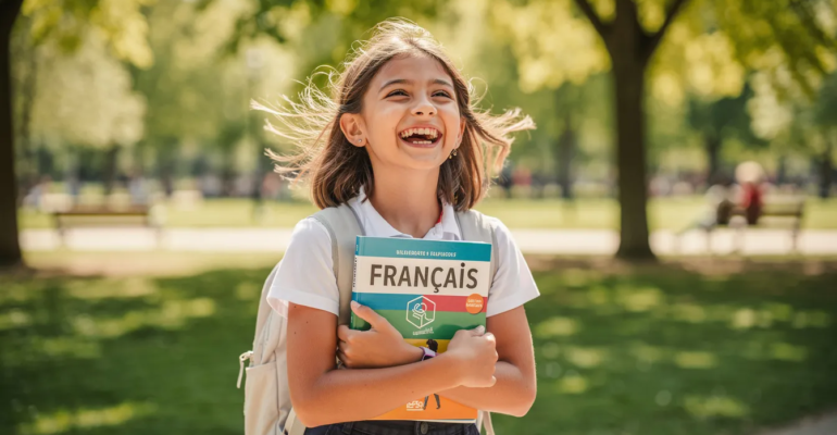 Fille tenant un manuel de français, sur les propositions