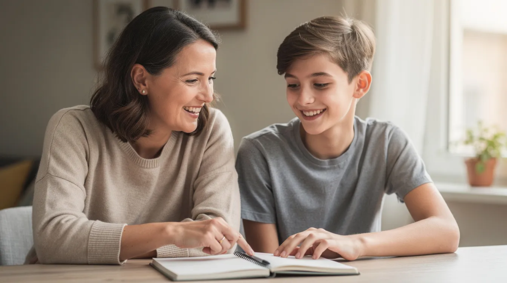 Un parent et son adolescent sont assis côte à côte à une table, souriant, avec un cahier ouvert devant eux, symbolisant un moment de partage et de soutien pour renforcer la confiance en soi et l'estime de soi de l'ado. Cette scène illustre l'importance des relations familiales dans le développement des compétences et la prise de décision durant l'adolescence.