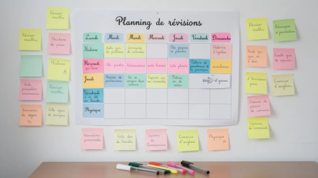 L'image montre un planning de révisions coloré, affiché sur un mur, avec des post-it et un calendrier indiquant les dates des épreuves du diplôme national du brevet. Ce tableau est conçu pour aider les élèves à organiser leurs cours en vue des épreuves écrites du brevet 2026.