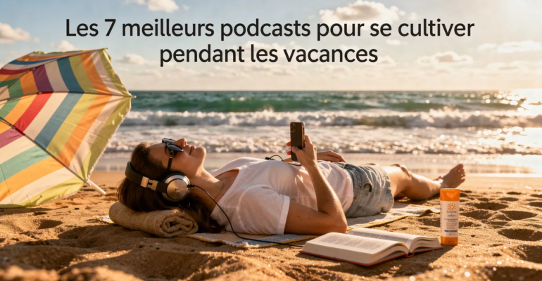 L'image montre une personne allongée sur une plage, avec des écouteurs sur les oreilles et un livre à côté d'elle, illustrant la détente et l'écoute de podcasts pendant les vacances. En arrière-plan, les vagues de la mer créent une ambiance estivale, tandis qu'un parasol et de la crème solaire rappellent l'importance de faire une pause pour se cultiver et profiter de moments de culture générale.