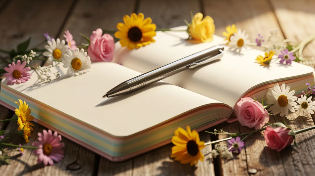 Une image montre un carnet ouvert coloré, accompagné d'un stylo, et entouré de fleurs d'été sur une table en bois. Cet environnement évoque la préparation de la rentrée scolaire, encourageant les élèves à profiter des vacances tout en révisant leurs connaissances et en se préparant sereinement pour le retour en classe.