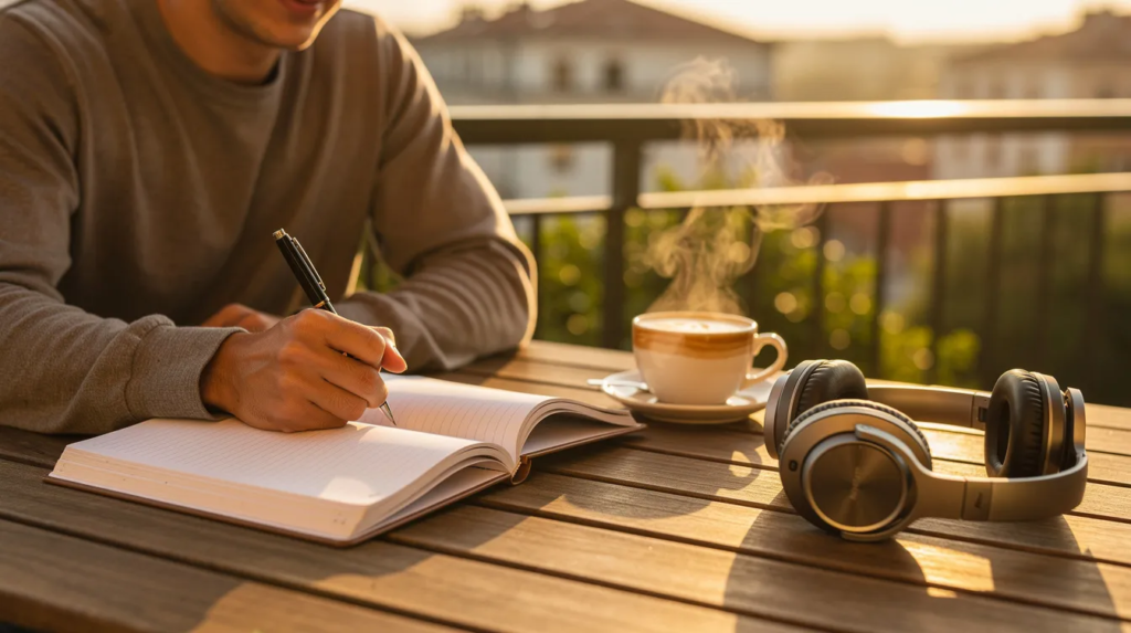 Une personne est assise sur une terrasse ensoleillée, écrivant dans un carnet tout en savourant une tasse de café. À côté, des écouteurs sont posés, suggérant une pause agréable pour écouter des podcasts à écouter durant les vacances.
