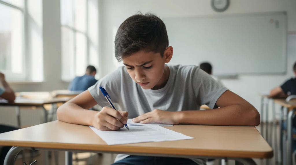 Un adolescent concentré écrit sur une feuille d'examen dans une salle de classe lumineuse, entouré de ses camarades, tandis qu'il réfléchit à l'épreuve de français. L'ambiance est studieuse, avec des signes de stress et d'attente sur les visages des élèves.