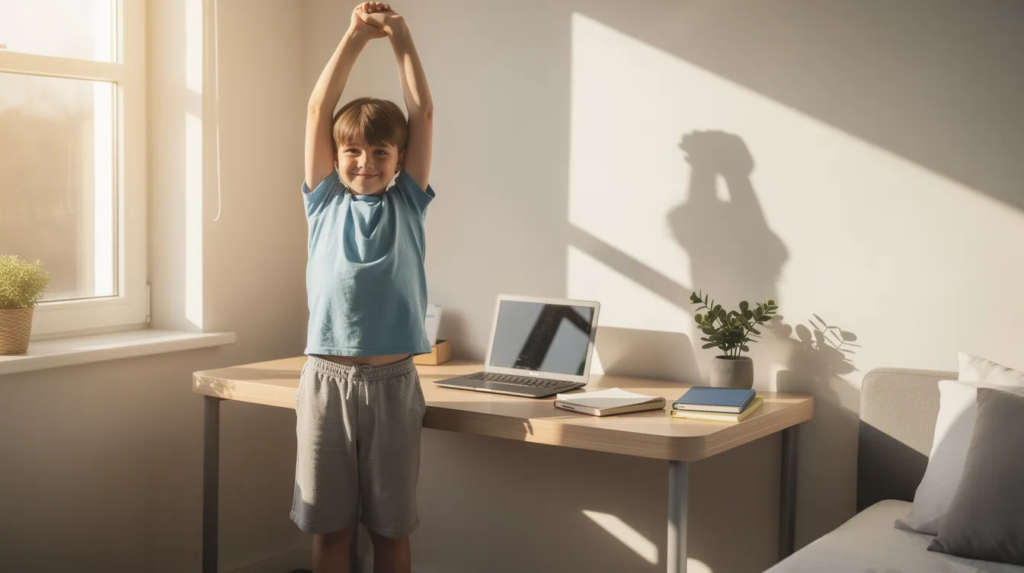 Un adolescent se tient debout près d'un bureau, s'étirant dans une ambiance lumineuse et apaisante. Cette scène dégage une impression de confort et de confiance en soi, essentielle pour aider votre ado à surmonter ses difficultés et à développer son estime de soi.