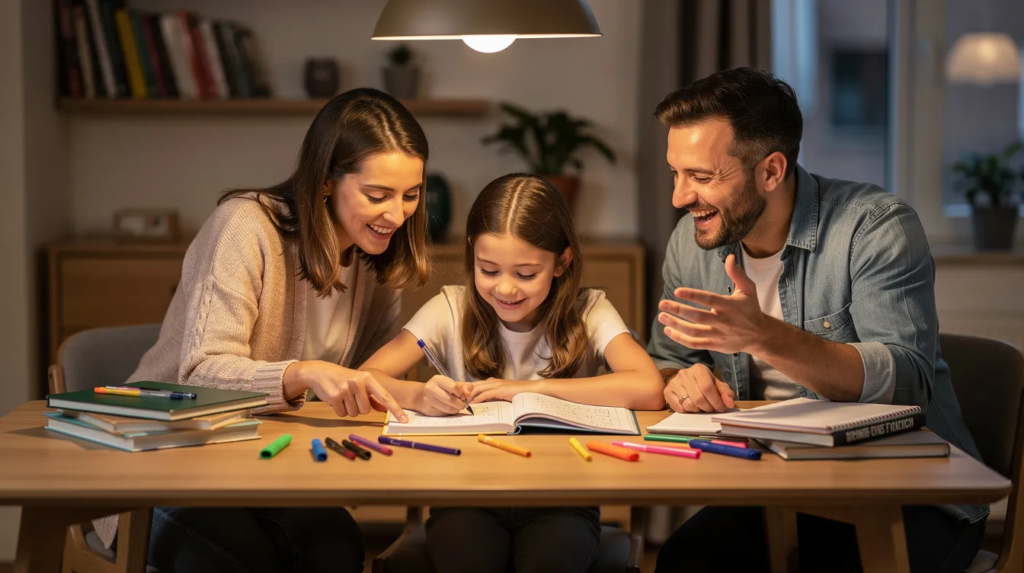 Une collègienne fait des exercices de grammaire sur la voix active et la voix passive avec sa famille.