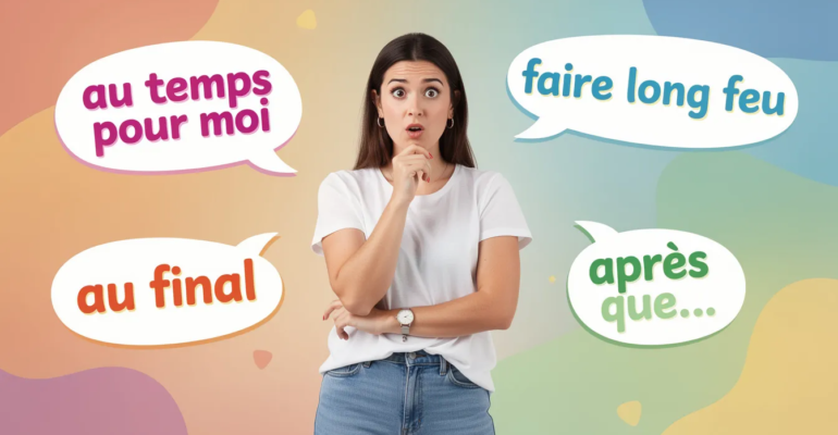 Une femme est indécise, autour d'elle des expressions françaises sont écrites : "au temps pour moi", "faire long feu", "au final", "après que...".