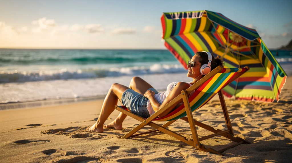 Une personne souriante est allongée sur un transat coloré à la plage, portant des écouteurs, tandis qu'un parasol les protège du soleil et que les vagues de la mer se déploient en arrière-plan. Ce moment de détente évoque l'idée d'écouter les meilleurs podcasts pour se cultiver pendant les vacances.