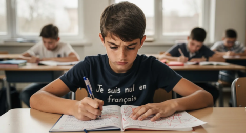 Un adolescent de 14-15 ans, assis à un bureau, semble pensif tout en regardant un livre de français. Son expression reflète une difficulté et un manque de confiance en soi, illustrant ainsi le besoin d'aide et de conseils pour redonner confiance à un ado face à ses échecs scolaires.
