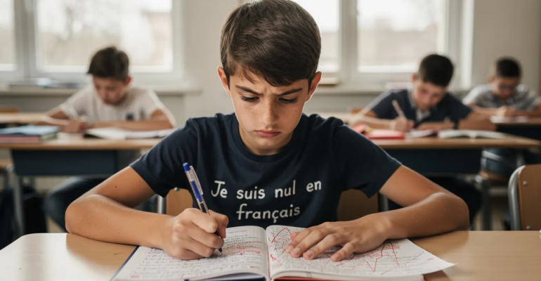 Un adolescent de 14-15 ans, assis à un bureau, semble pensif tout en regardant un livre de français. Son expression reflète une difficulté et un manque de confiance en soi, illustrant ainsi le besoin d'aide et de conseils pour redonner confiance à un ado face à ses échecs scolaires.