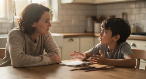 Une image représentant un enseignant et un élève engagés dans un dialogue profond, illustrant la méthode socratique à travers le questionnement et la réflexion. L'atmosphère est empreinte de sagesse, évoquant le lien entre l'intelligence et la pédagogie, sans aucun texte pour perturber la contemplation.