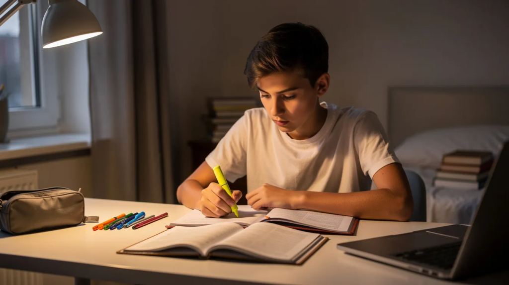 Un adolescent est concentré à son bureau, entouré de cahiers ouverts et tenant un surligneur, en pleine révision pour ses cours en vue des épreuves du brevet des collèges. L'image évoque l'importance de la préparation pour le diplôme national du brevet, notamment pour les matières comme l'histoire géographie et les sciences.