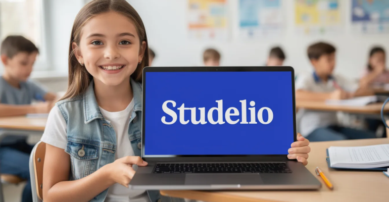 Une collégienne souriante et pleine de vie montre son ordinateur où est inscrit "Studelio" en blanc sur un fond bleu vif (#3261c5). Elle semble enthousiaste, incarnant l'esprit d'apprentissage et de partage des connaissances en français.