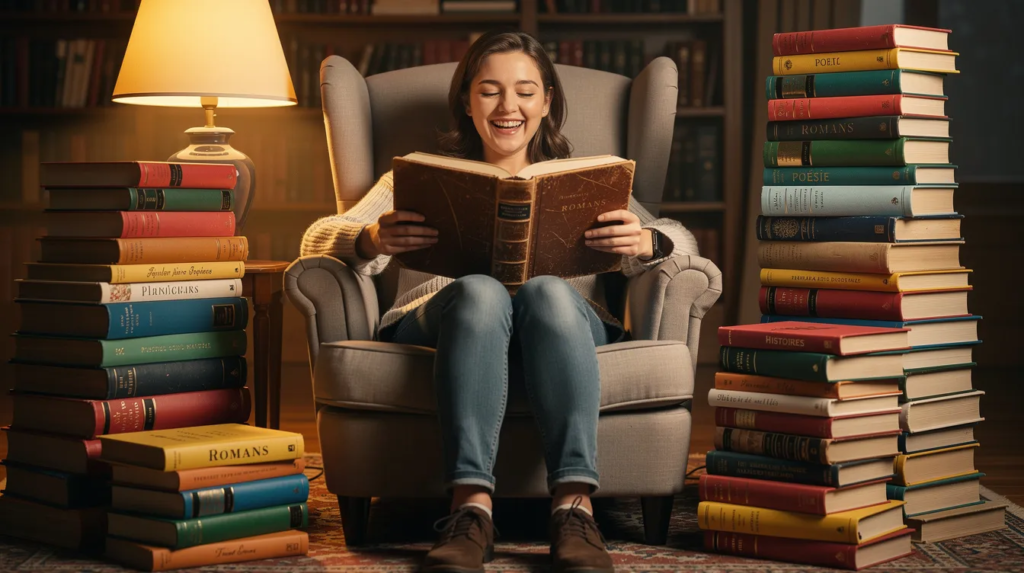 Une personne amusée lit un vieux livre épais dans un fauteuil confortable, entourée de piles de livres colorés qui semblent contenir une multitude de mots et d'expressions de la langue française. L'atmosphère est chaleureuse et invite à la découverte de la littérature, tandis que le fauteuil offre un confort optimal pour cette immersion dans le vocabulaire.