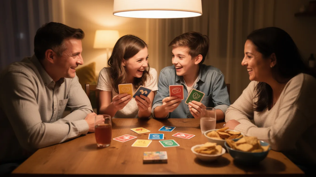 Une famille joyeuse, comprenant des adolescents de 13/14 ans, est réunie autour de la table pour jouer à un jeu de cartes de questions-réponses, créant une ambiance conviviale et interactive. Les rires et les échanges entre amis ou en famille illustrent parfaitement l'esprit des meilleurs jeux de société pour des soirées ludiques.