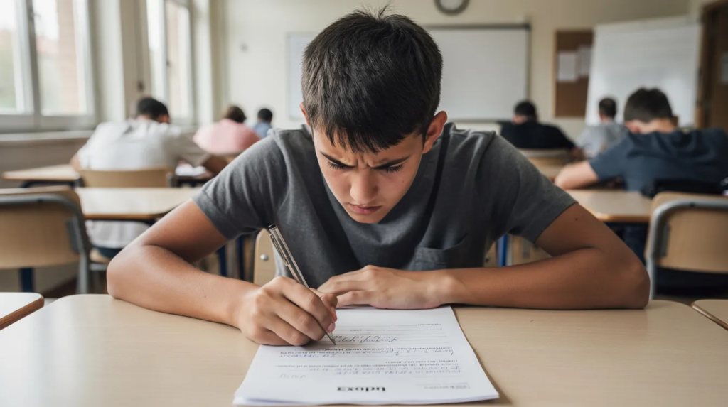 Un élève adolescent est concentré et penché sur sa copie dans une salle d'examen, travaillant sur une épreuve de français. On peut percevoir l'importance de la réussite et la nécessité de bien maîtriser la grammaire et l'orthographe pour éviter les erreurs qui pourraient coûter des points.