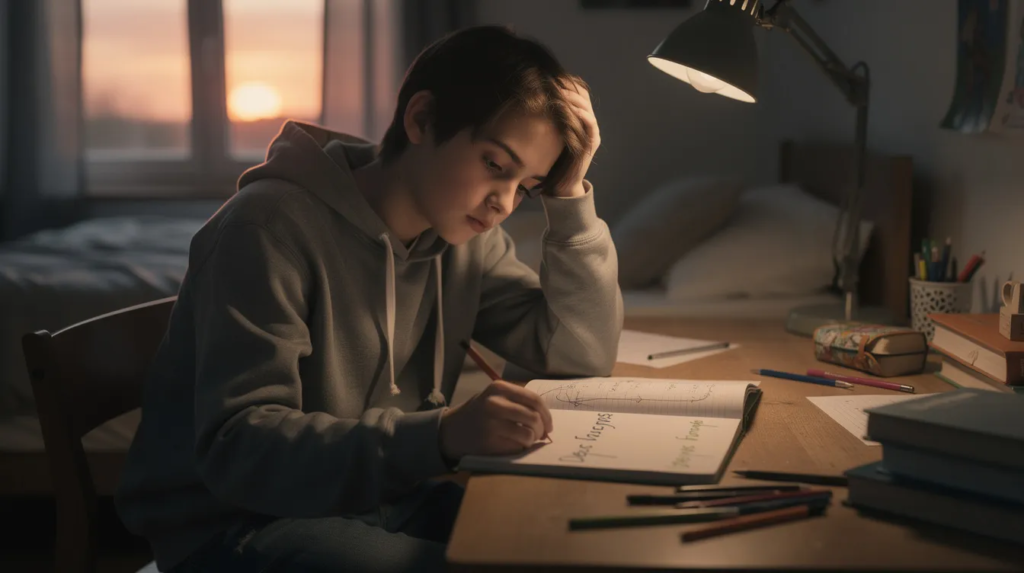 Un adolescent assis à un bureau avec un cahier ouvert semble découragé, baigné dans une douce lumière du soir. Cette image évoque le manque de confiance en soi et les difficultés que peuvent rencontrer les jeunes durant leur adolescence.