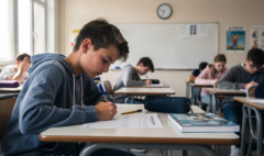 Un adolescent concentré écrit sur une feuille d'examen dans une salle de classe lumineuse, entouré de ses camarades, tandis qu'il réfléchit à l'épreuve de français. L'ambiance est studieuse, avec des signes de stress et d'attente sur les visages des élèves.