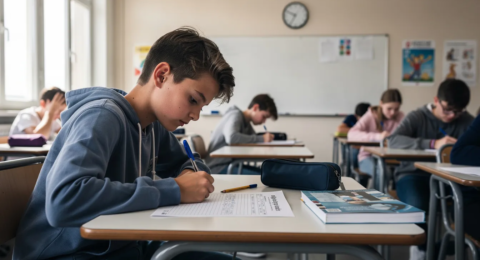 Un adolescent concentré écrit sur une feuille d'examen dans une salle de classe lumineuse, entouré de ses camarades, tandis qu'il réfléchit à l'épreuve de français. L'ambiance est studieuse, avec des signes de stress et d'attente sur les visages des élèves.