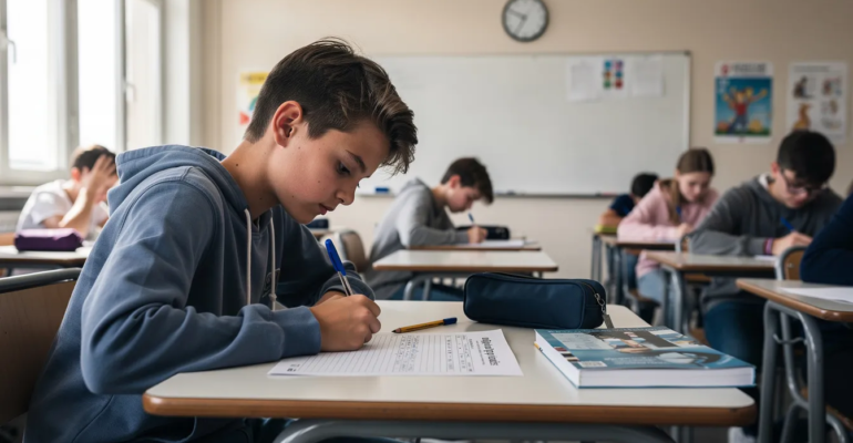 Un adolescent concentré écrit sur une feuille d'examen dans une salle de classe lumineuse, entouré de ses camarades, tandis qu'il réfléchit à l'épreuve de français. L'ambiance est studieuse, avec des signes de stress et d'attente sur les visages des élèves.