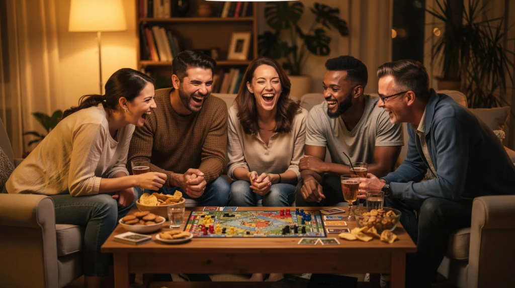Des amis jouent à un jeu de société qui permet d'améliorer la connaissance du français