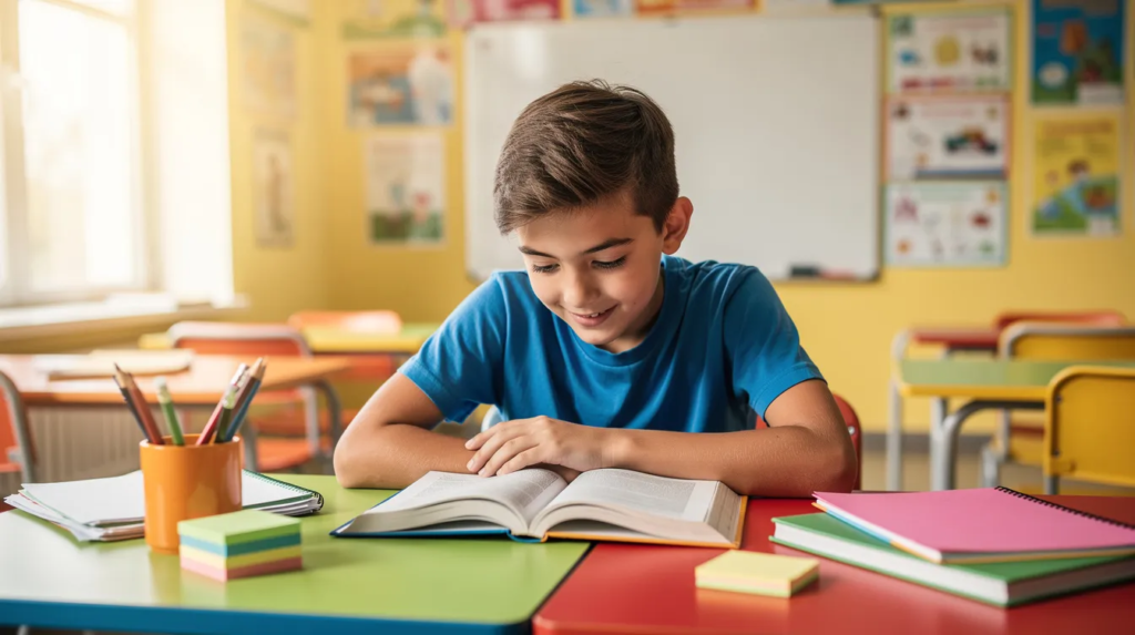 Un adolescent est assis à un bureau coloré, regardant un livre ouvert avec une expression curieuse dans un environnement de classe lumineux. Ce cadre scolaire évoque l'apprentissage des différentes classes grammaticales et des leçons de français.