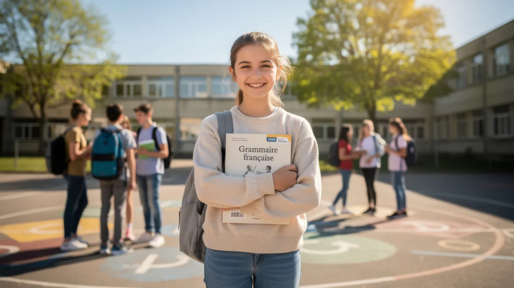 Une collégienne souriante se tient dans une cour de récréation ensoleillée, tenant un manuel de grammaire contre elle, tandis que des camarades jouent en arrière-plan devant des bâtiments scolaires. Cette scène évoque la joie d'apprendre le français, principe central de Studelio.
