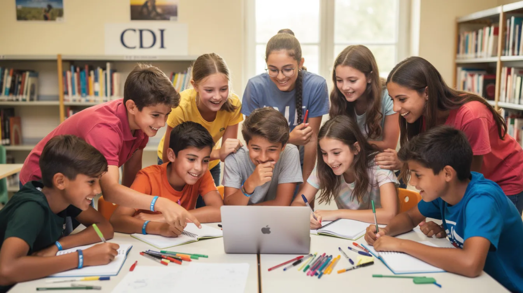 Groupe de collégiens travaillant le français et la grammaire grâce à Studelio au CDI