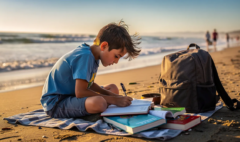Un collégien est assis sur le sable de la plage, concentré sur son travail scolaire, entouré de livres et de fournitures, profitant d'un cadre estival tout en préparant la rentrée. L'image évoque l'équilibre entre études et loisirs, soulignant l'importance des révisions pour les élèves.