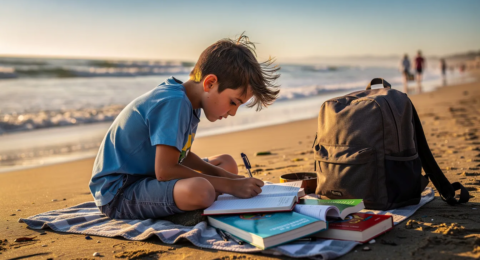 Un collégien est assis sur le sable de la plage, concentré sur son travail scolaire, entouré de livres et de fournitures, profitant d'un cadre estival tout en préparant la rentrée. L'image évoque l'équilibre entre études et loisirs, soulignant l'importance des révisions pour les élèves.
