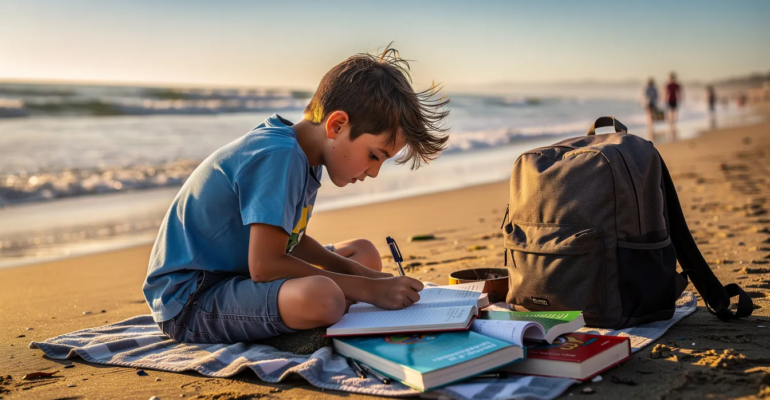 Un collégien est assis sur le sable de la plage, concentré sur son travail scolaire, entouré de livres et de fournitures, profitant d'un cadre estival tout en préparant la rentrée. L'image évoque l'équilibre entre études et loisirs, soulignant l'importance des révisions pour les élèves.