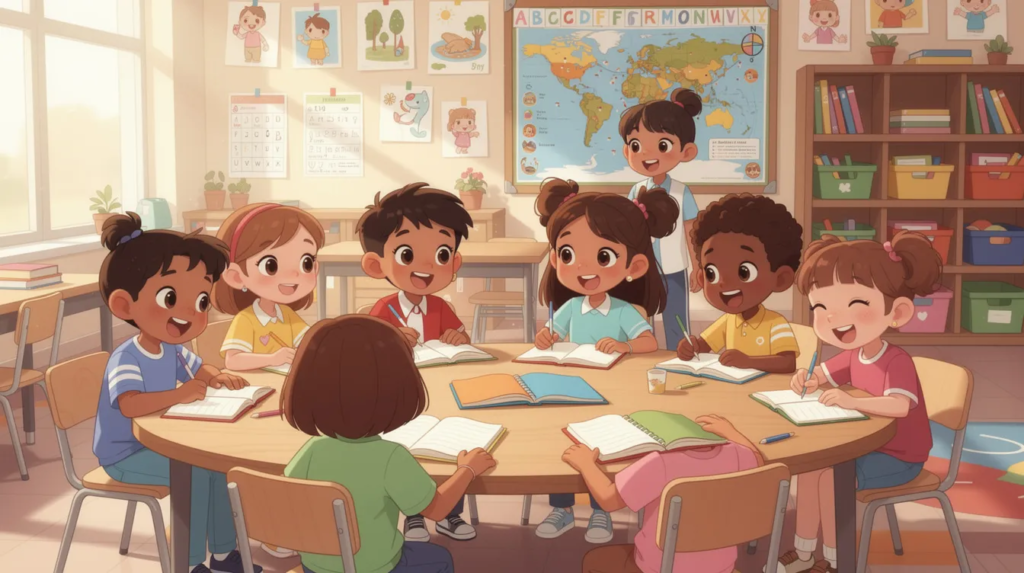 Une illustration joyeuse montre des enfants divers travaillant ensemble à une table, chacun avec des cahiers de différentes couleurs, certains lisant à voix haute et d'autres écrivant, dans une atmosphère lumineuse de classe. Cette scène incarne la méthode socratique, favorisant le questionnement et la réflexion collective.