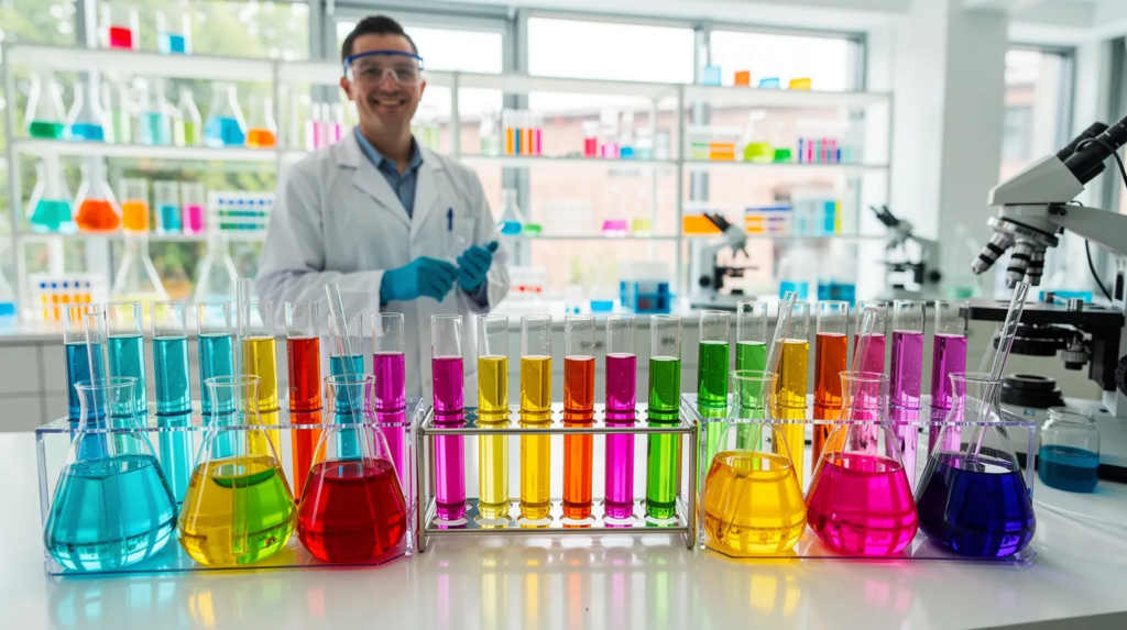 Dans un laboratoire coloré, un chercheur souriant se tient devant des éprouvettes remplies de liquides de différentes couleurs, illustrant la diversité des structures chimiques. Cette scène évoque un environnement stimulant, propice à la découverte et à l'expérimentation en chimie.