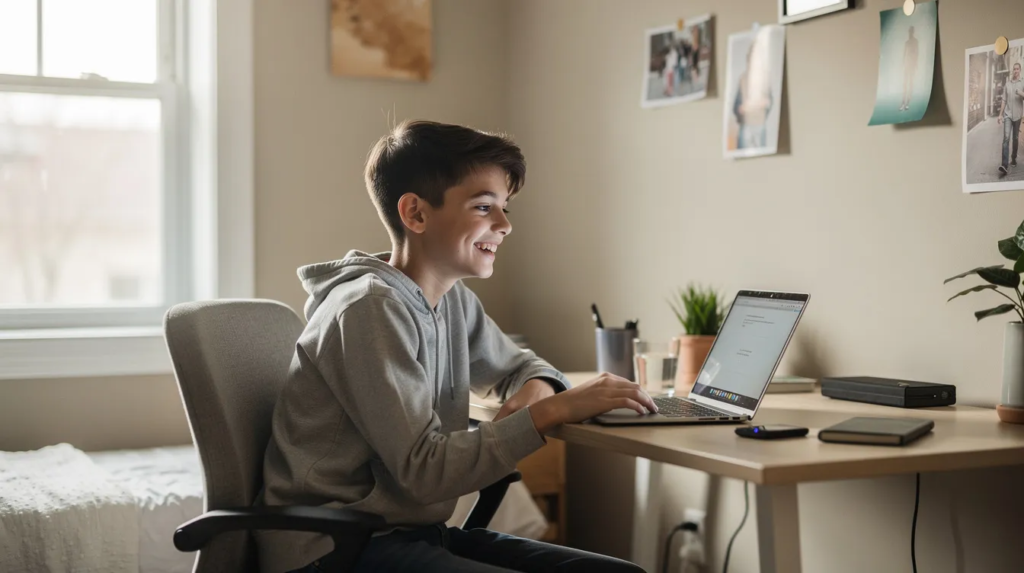 Un adolescent souriant est assis devant un ordinateur portable dans sa chambre, entouré d'une ambiance lumineuse et détendue, prêt à s'exercer à la dictée et à améliorer son orthographe en français. Cette scène évoque un moment d'apprentissage agréable, où il utilise des outils pour maîtriser les règles d'orthographe et de grammaire.