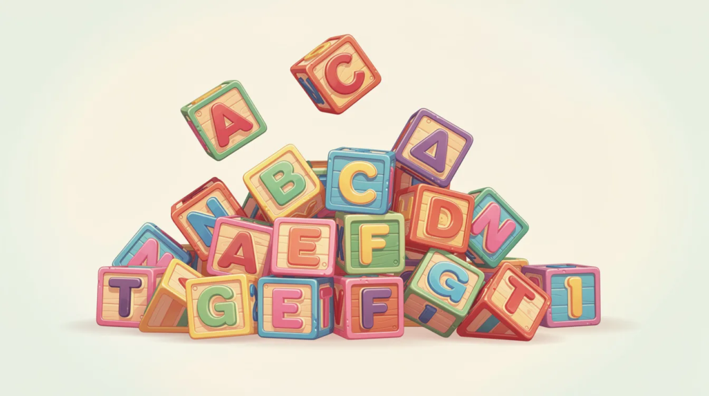 Une illustration colorée montre des lettres de l'alphabet empilées de manière ludique et désordonnée, évoquant des cubes de jeu, symbolisant la richesse du vocabulaire de la langue française. Ces lettres, qui composent des mots aux significations variées, sont un hommage à la diversité et à la structure chimique des expressions de notre monde.
