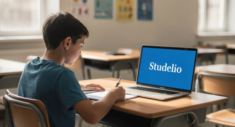 L'image montre un élève concentré devant son ordinateur, où le mot "Studelio" est affiché en blanc sur un fond bleu vif. Cet élève participe à un exercice de dictée, s'entraînant à l'écriture et à l'orthographe, une méthode essentielle pour améliorer ses compétences en langue française.