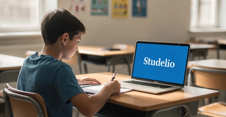 L'image montre un élève concentré devant son ordinateur, où le mot "Studelio" est affiché en blanc sur un fond bleu vif. Cet élève participe à un exercice de dictée, s'entraînant à l'écriture et à l'orthographe, une méthode essentielle pour améliorer ses compétences en langue française.