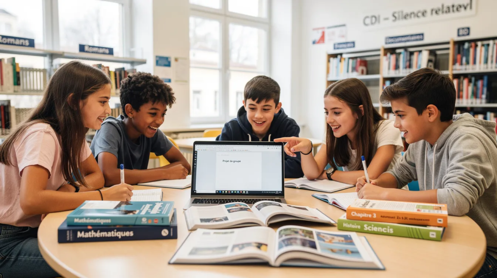 Un groupe de collégiens, composé de filles et de garçons, travaille ensemble la grammaire et le français autour d'une table dans un CDI lumineux. Ils sont concentrés sur leurs livres ouverts et un ordinateur portable, créant une ambiance joyeuse et studieuse.