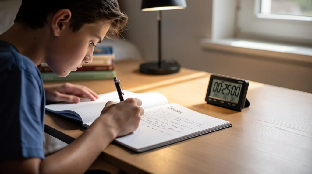 Un adolescent est assis à un bureau, concentré sur l'écriture dans un cahier, tandis qu'un minuteur est posé à côté de lui. Cette scène évoque la préparation à l'épreuve de français du brevet, où il s'applique à réviser des fiches de révision et à travailler sur sa compréhension de texte.