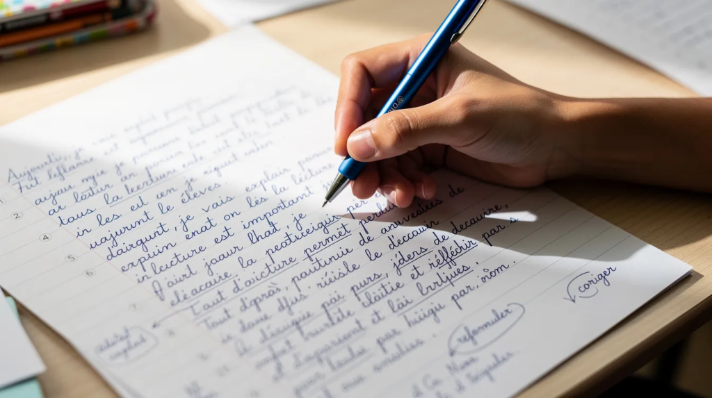 Une main d'élève tient un stylo, relisant attentivement une copie manuscrite, probablement en préparation pour l'épreuve de français du brevet. Cette scène illustre l'importance de la relecture pour éviter les fautes d'orthographe et améliorer la compréhension du texte.