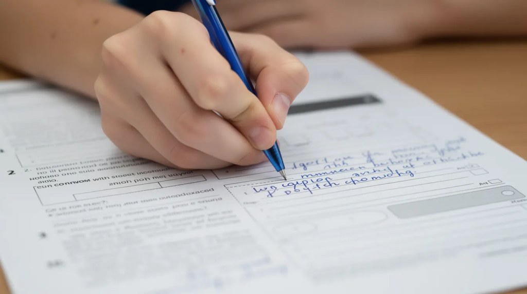 Une main d'adolescent écrit avec un stylo bleu sur une copie d'examen, illustrant l'effort fourni lors des épreuves écrites du diplôme national du brevet. Cette scène évoque la concentration nécessaire pour réussir dans des matières telles que le français, l'histoire géographie ou les mathématiques.