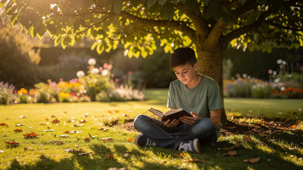 Un adolescent est assis sous un arbre dans un jardin ensoleillé, plongé dans la lecture d'un livre. Cette scène évoque une ambiance de détente pendant les vacances, tout en soulignant l'importance de la culture générale et des révisions pour bien préparer la rentrée scolaire.