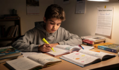 Un adolescent est assis à son bureau, entouré de cahiers ouverts, avec un surligneur à la main, concentré sur ses révisions pour le diplôme national du brevet. Cette scène met en avant l'importance de la préparation aux épreuves écrites, notamment en histoire géographie et en sciences, pour réussir le brevet des collèges.