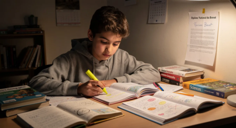 Un adolescent est assis à son bureau, entouré de cahiers ouverts, avec un surligneur à la main, concentré sur ses révisions pour le diplôme national du brevet. Cette scène met en avant l'importance de la préparation aux épreuves écrites, notamment en histoire géographie et en sciences, pour réussir le brevet des collèges.