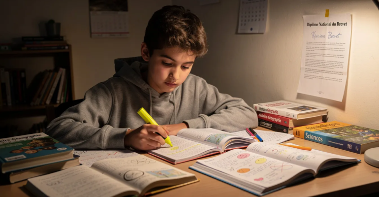 Un adolescent est assis à son bureau, entouré de cahiers ouverts, avec un surligneur à la main, concentré sur ses révisions pour le diplôme national du brevet. Cette scène met en avant l'importance de la préparation aux épreuves écrites, notamment en histoire géographie et en sciences, pour réussir le brevet des collèges.