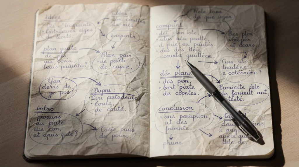 L'image montre un cahier de brouillon ouvert, rempli d'annotations manuscrites, de flèches et de schémas, illustrant un sujet de réflexion en lien avec l'éducation nationale. Ce document pourrait servir aux élèves pour la révision de l'épreuve de français, en mettant l'accent sur la grammaire et les erreurs fréquentes.