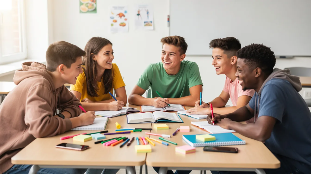des collégiens travaillent la grammaire autour d'une table