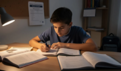 Un adolescent est assis à son bureau, plongé dans ses révisions de français, entouré de plusieurs cahiers ouverts. Il se prépare pour l'épreuve du diplôme national du brevet, espérant obtenir une bonne note pour sécuriser son passage au lycée.