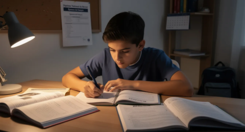 Un adolescent est assis à son bureau, plongé dans ses révisions de français, entouré de plusieurs cahiers ouverts. Il se prépare pour l'épreuve du diplôme national du brevet, espérant obtenir une bonne note pour sécuriser son passage au lycée.